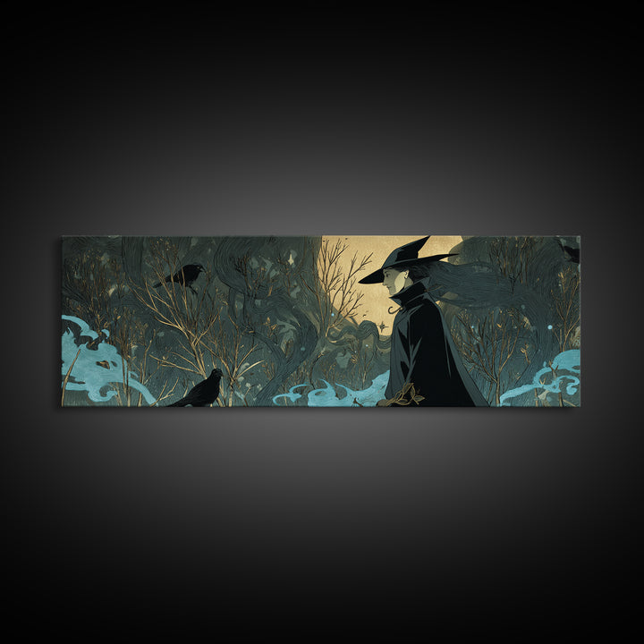 The Will-O'-The-Wisp Shepherd, Decadent Line Art, Extra Wide Wall Art, Dark Fantasy Wall Art, Canvas Print, Halloween Wall Art