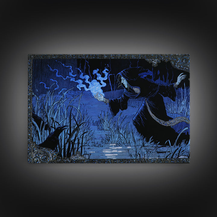 The Will-O'-The-Wisp Shepherd, Stained Glass Gothic Art, Landscape Wall Art, Gothic Horror Wall Art, Framed Canvas Print, Macabre Wall Art