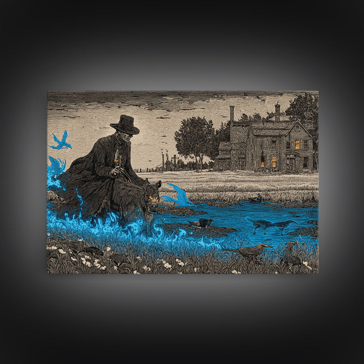 The Will-O'-The-Wisp Shepherd, Victorian Macabre Art, Landscape Wall Art, Dark Fantasy Wall Art, Framed Canvas Print, Halloween Wall Art