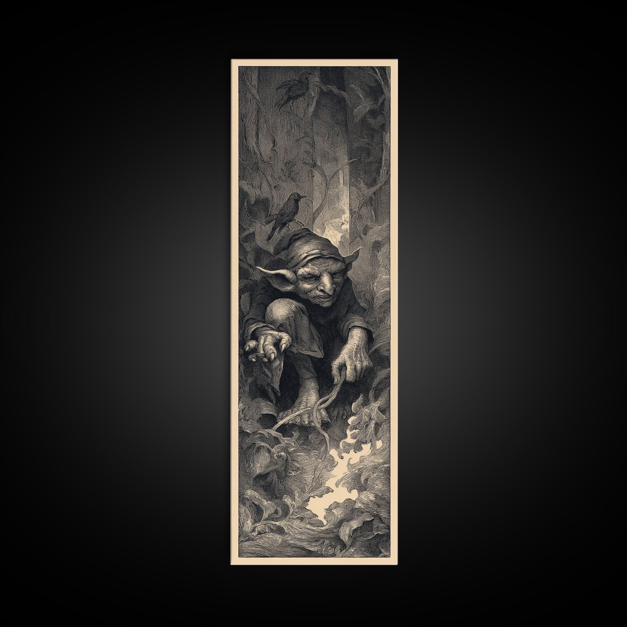 The Pumpkin Patch Goblin, Gothic Engraving Art, Tall Narrow Wall Art, Gothic Horror Wall Art, Framed Canvas Print, Halloween Wall Art