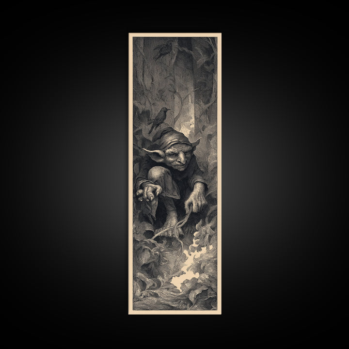 The Pumpkin Patch Goblin, Gothic Engraving Art, Tall Narrow Wall Art, Gothic Horror Wall Art, Framed Canvas Print, Halloween Wall Art