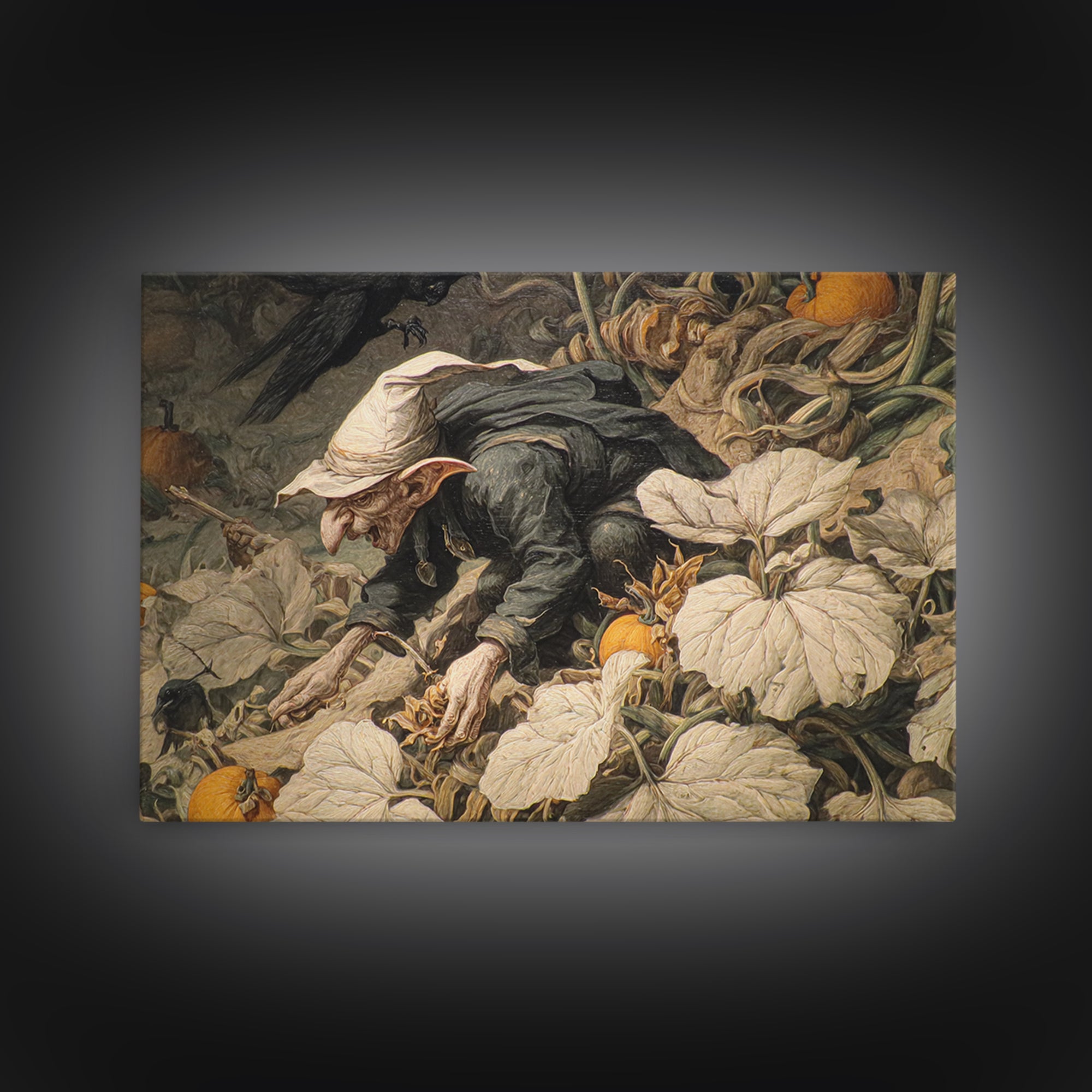 The Pumpkin Patch Goblin, Medieval Grotesque Art, Landscape Wall Art, Dark Fantasy Wall Art, Framed Canvas Print, Halloween Wall Art