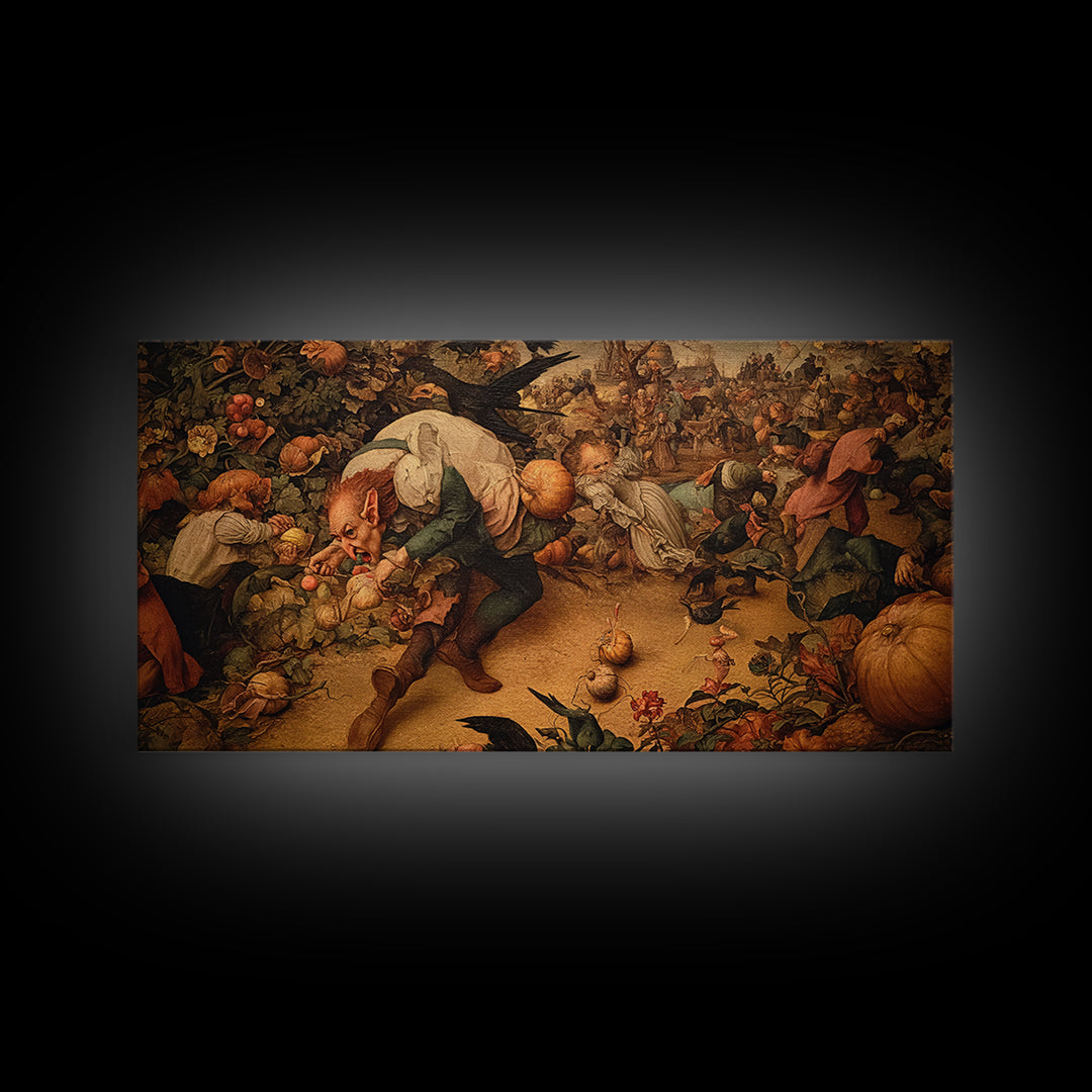 The Pumpkin Patch Goblin, Northern Renaissance Horror, Wide Panoramic Art, Dark Fantasy Wall Art, Framed Canvas Print