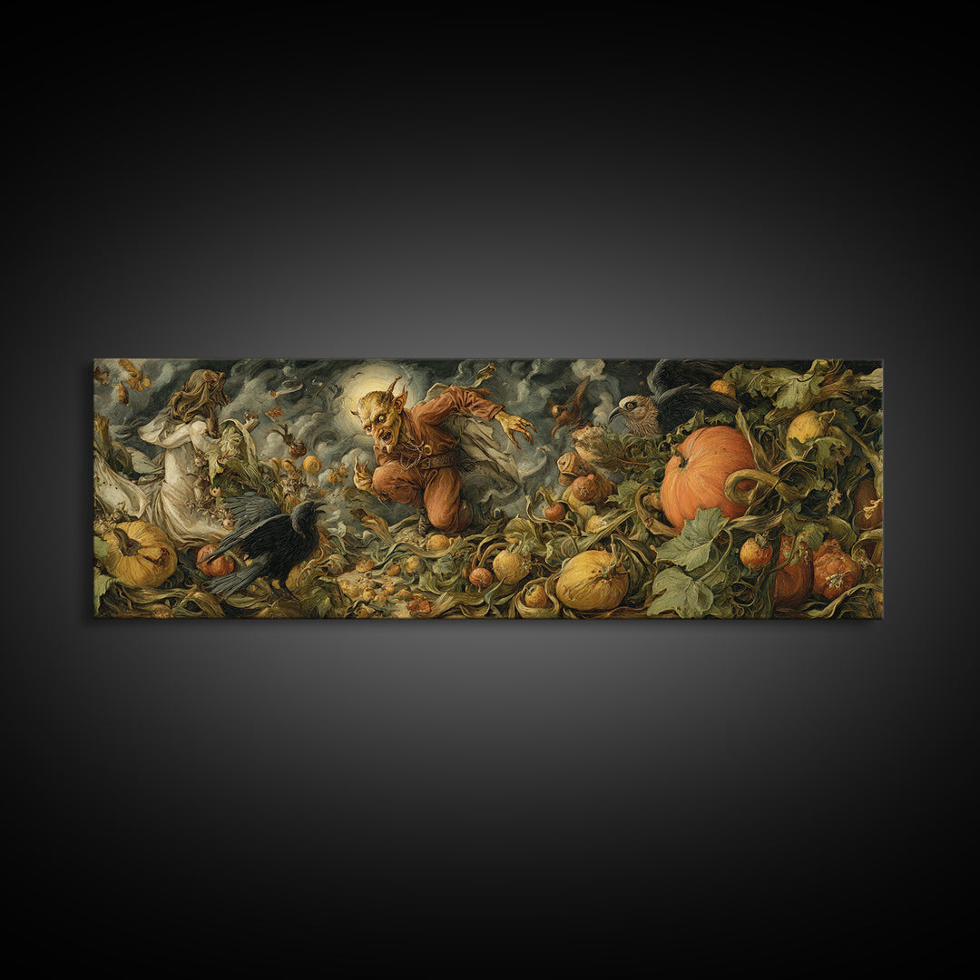The Pumpkin Patch Goblin, Dark Renaissance Art, Extra Wide Wall Art, Gothic Horror Wall Art, Canvas Print, Halloween Wall Art