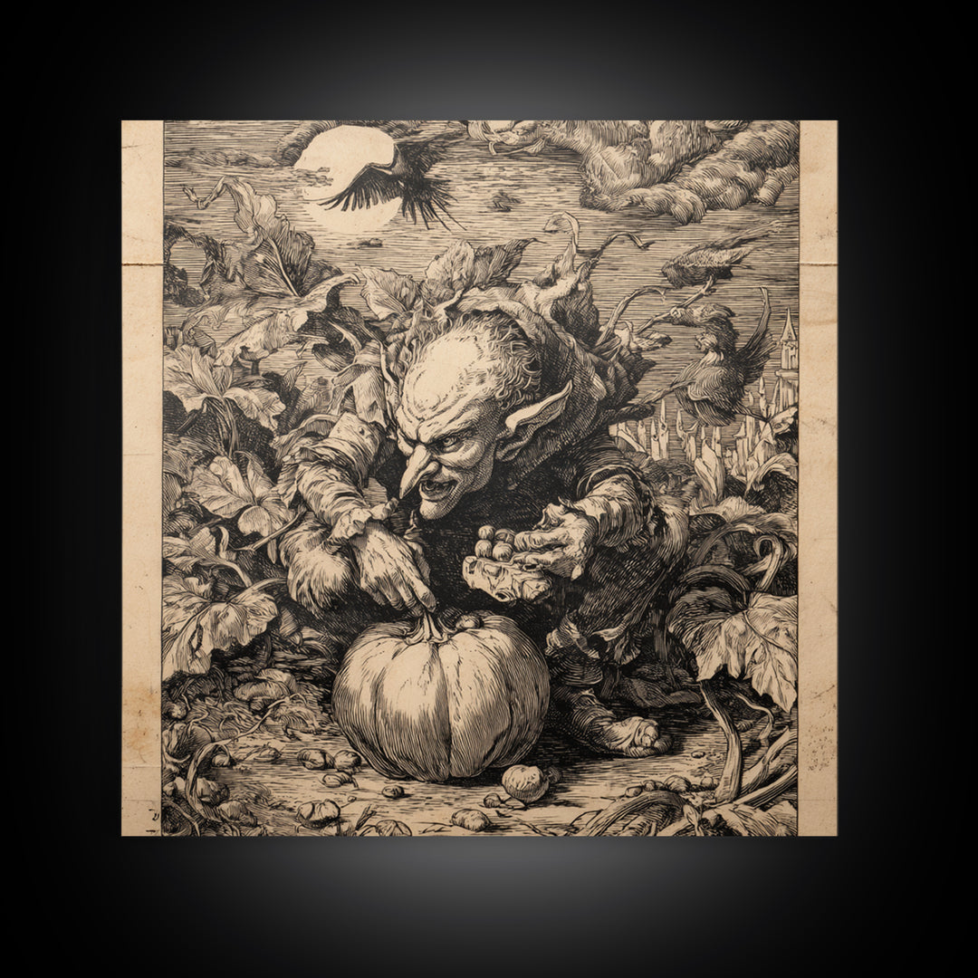 The Pumpkin Patch Goblin, Renaissance Engraving Art, Square Wall Art, Dark Halloween Decor, Framed Canvas Print, Halloween Wall Art