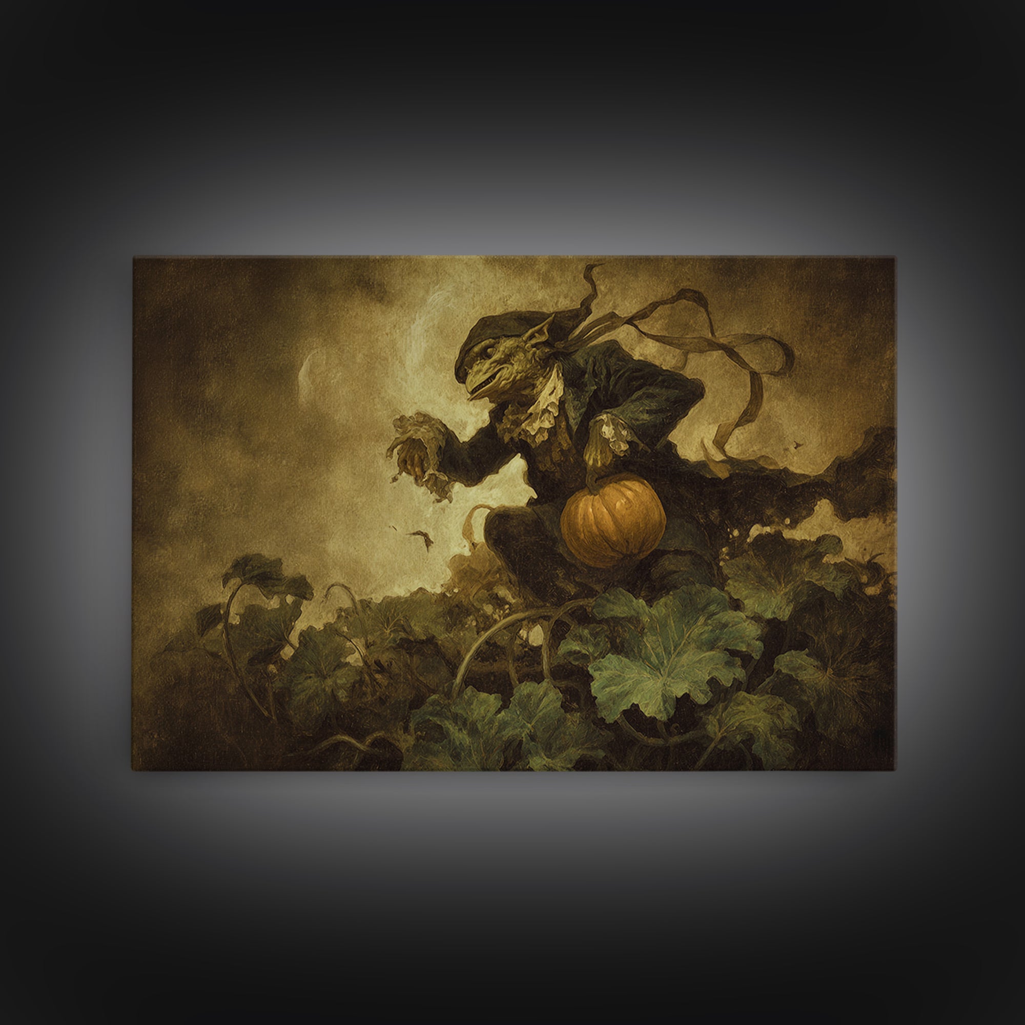 The Pumpkin Patch Goblin, Dark Romantic Horror Art, Landscape Wall Art, Dark Halloween Decor, Framed Canvas Print, Halloween Wall Art