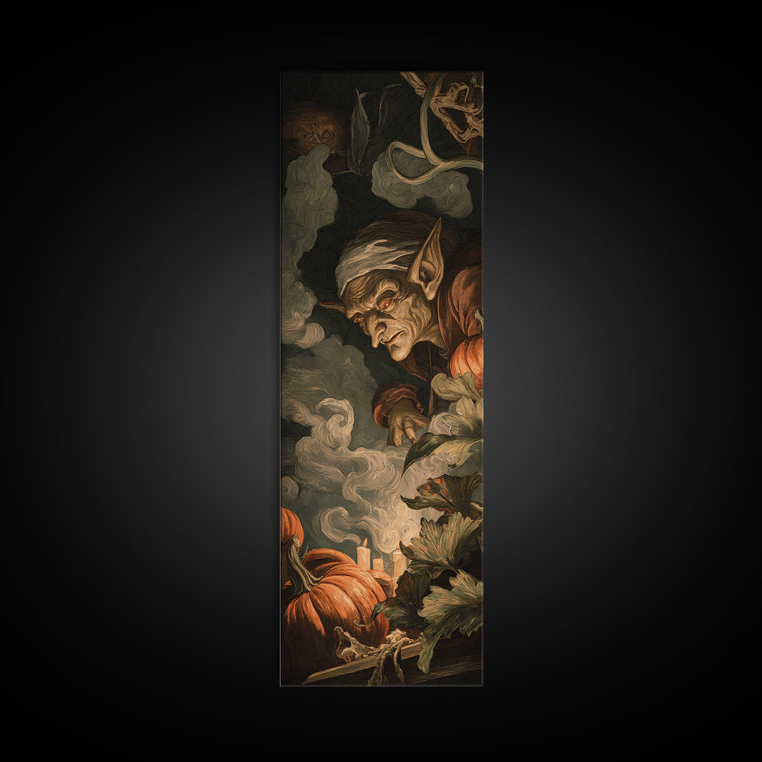 The Pumpkin Patch Goblin, Gothic Nightmare Art, Tall Narrow Wall Art, Macabre Wall Art, Framed Canvas Print, Halloween Wall Art