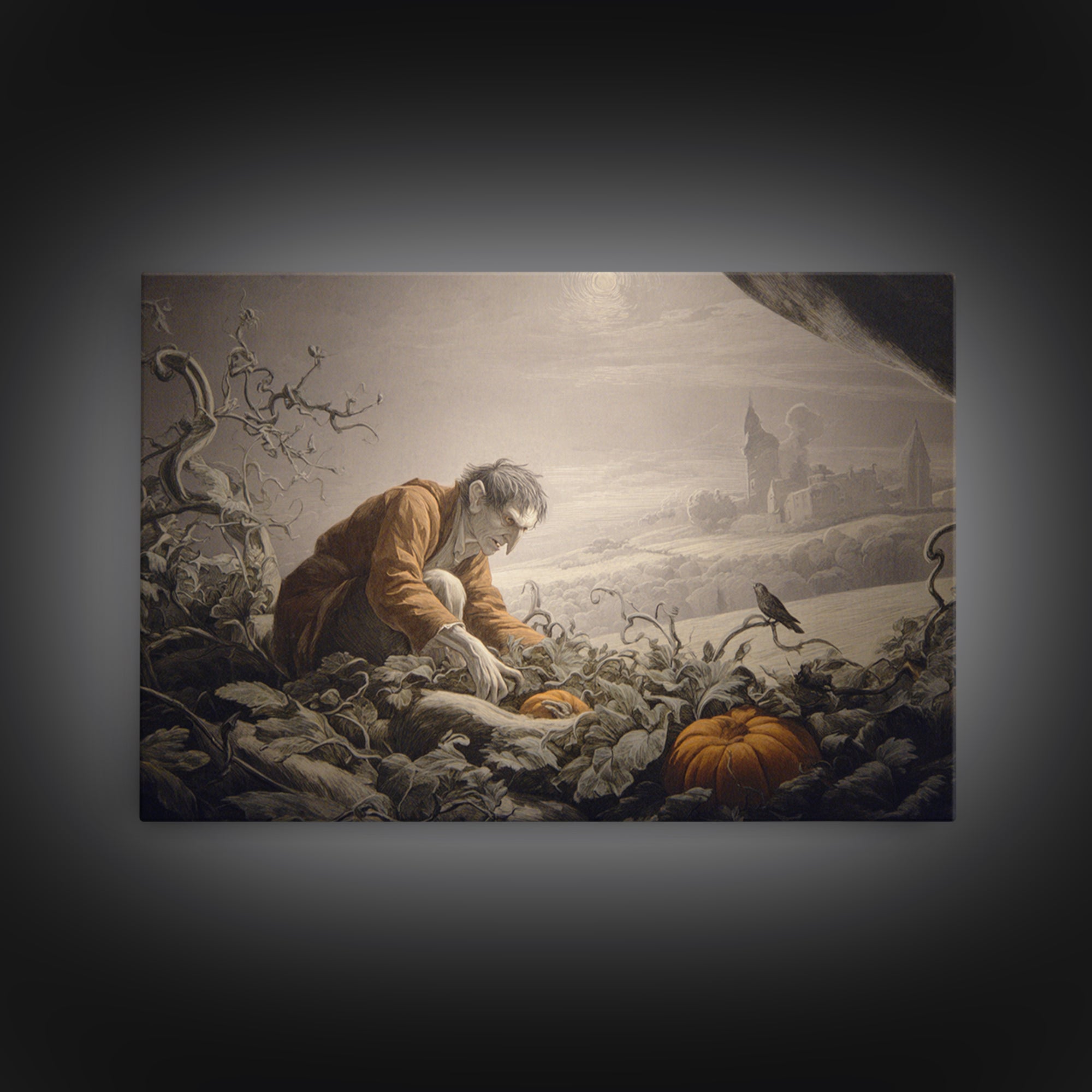 The Pumpkin Patch Goblin, Romantic Gothic Landscape, Landscape Wall Art, Macabre Wall Art, Canvas Print, Halloween Wall Art