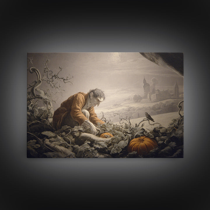 The Pumpkin Patch Goblin, Romantic Gothic Landscape, Landscape Wall Art, Macabre Wall Art, Canvas Print, Halloween Wall Art