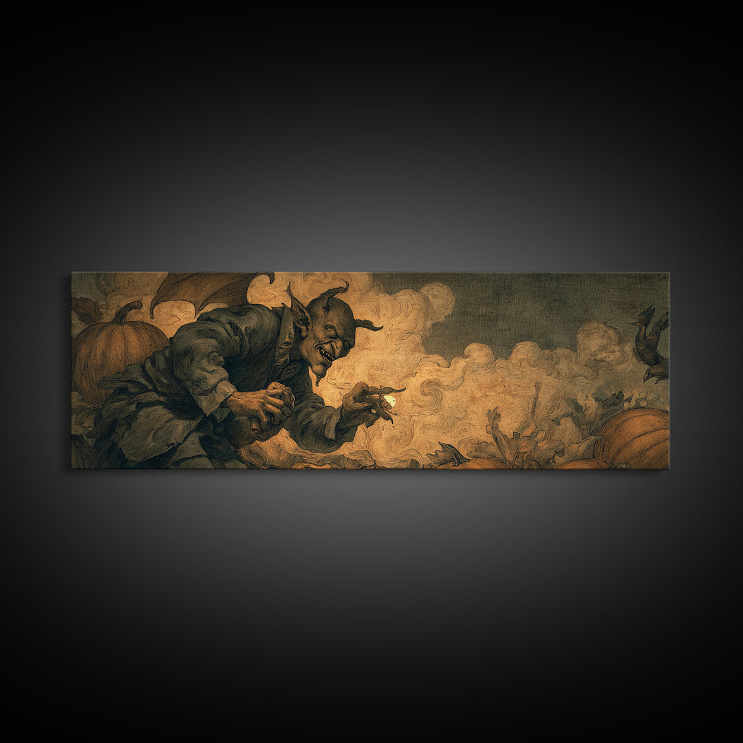 The Pumpkin Patch Goblin, Dark Symbolist Art, Extra Wide Wall Art, Dark Fantasy Wall Art, Canvas Print, Halloween Wall Art