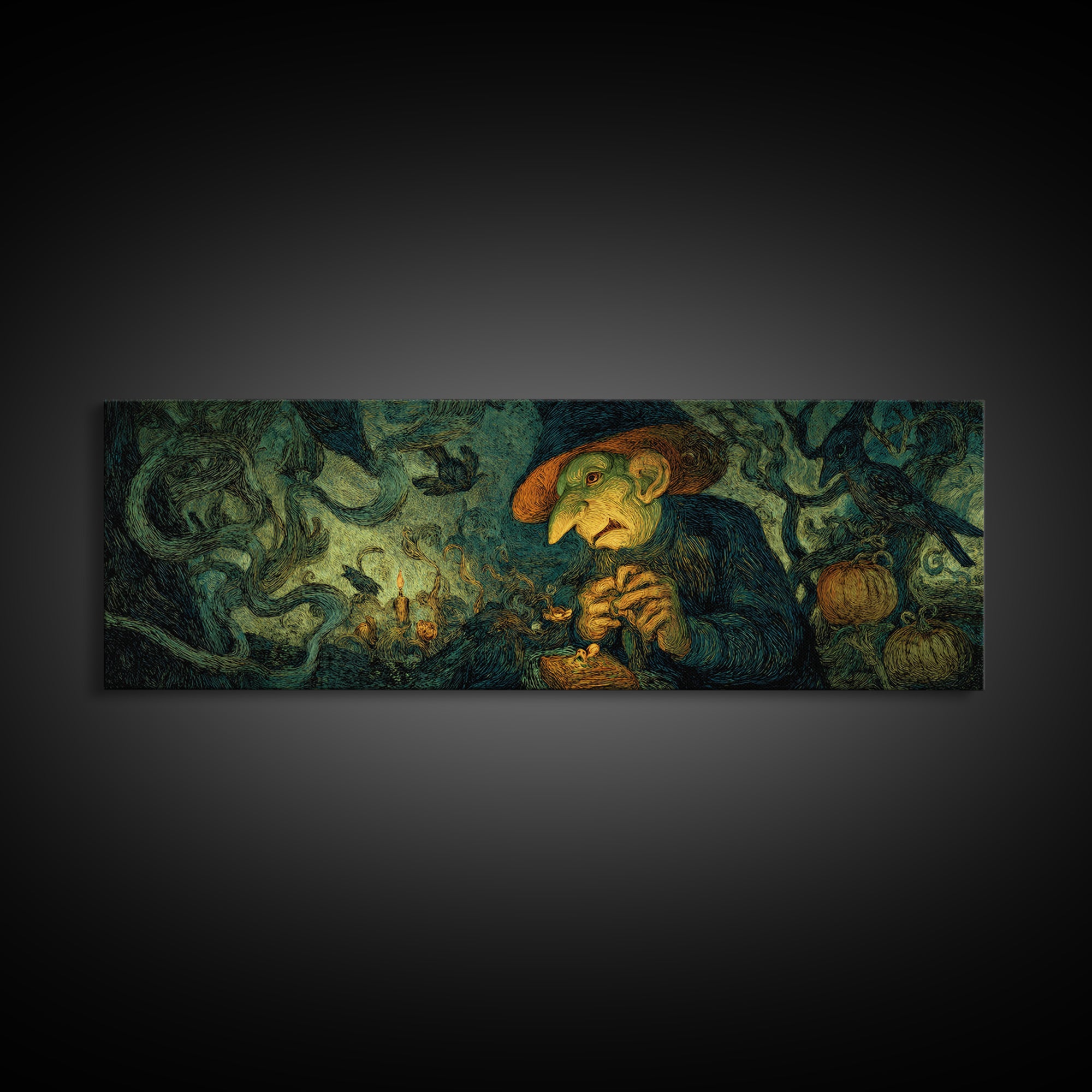 The Pumpkin Patch Goblin, Expressionist Gothic Art, Extra Wide Wall Art, Gothic Horror Wall Art, Framed Canvas Print, Halloween Wall Art
