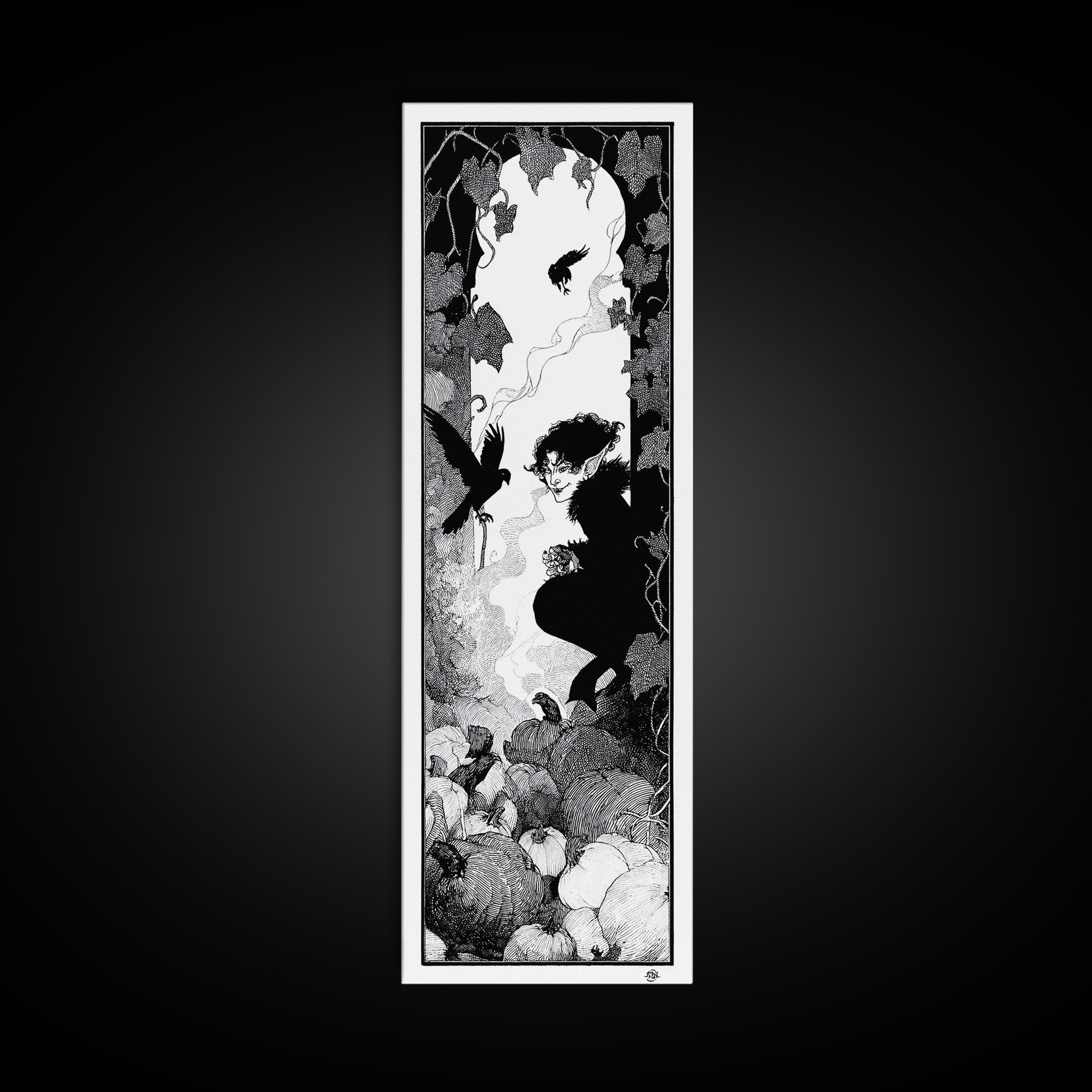 The Pumpkin Patch Goblin, Decadent Line Art, Tall Narrow Wall Art, Dark Fantasy Wall Art, Framed Canvas Print