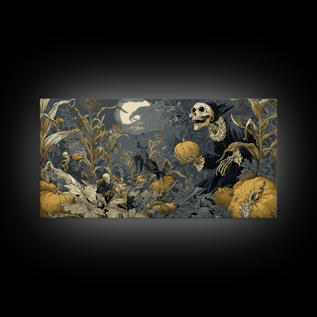 The Pumpkin Patch Goblin, Macabre Folk Print Art, Wide Panoramic Art, Dark Halloween Decor, Framed Canvas Print