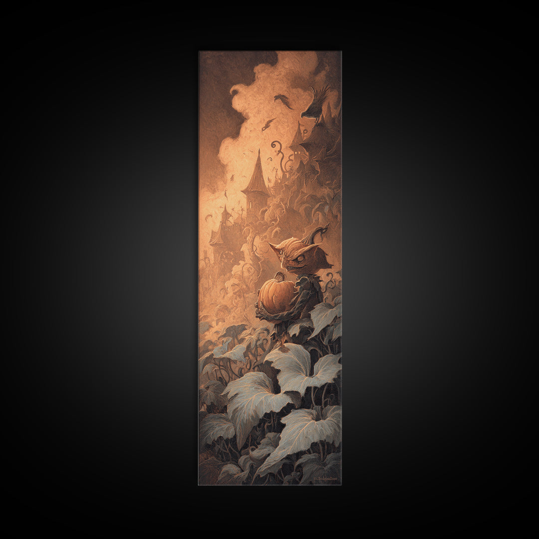 The Pumpkin Patch Goblin, Surreal Apocalyptic Art, Tall Narrow Wall Art, Dark Halloween Decor, Framed Canvas Print