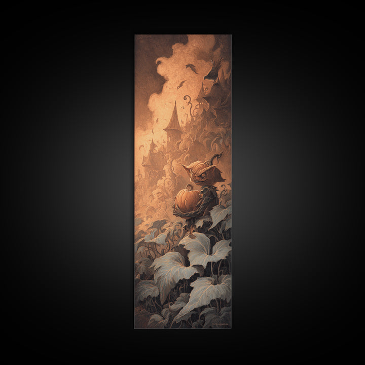 The Pumpkin Patch Goblin, Surreal Apocalyptic Art, Tall Narrow Wall Art, Dark Halloween Decor, Framed Canvas Print