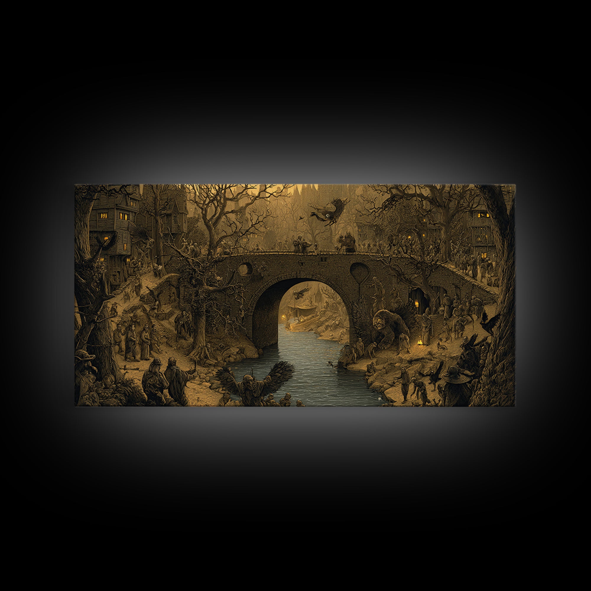 The Bridge Troll At Midnight, Northern Renaissance Horror, Wide Panoramic Art, Gothic Horror Wall Art, Framed Canvas Print