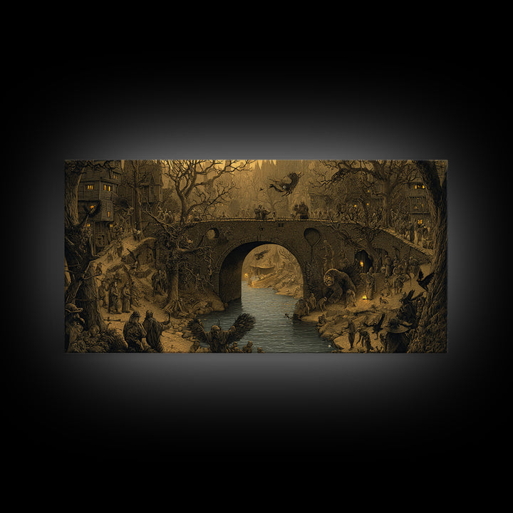 The Bridge Troll At Midnight, Northern Renaissance Horror, Wide Panoramic Art, Gothic Horror Wall Art, Framed Canvas Print