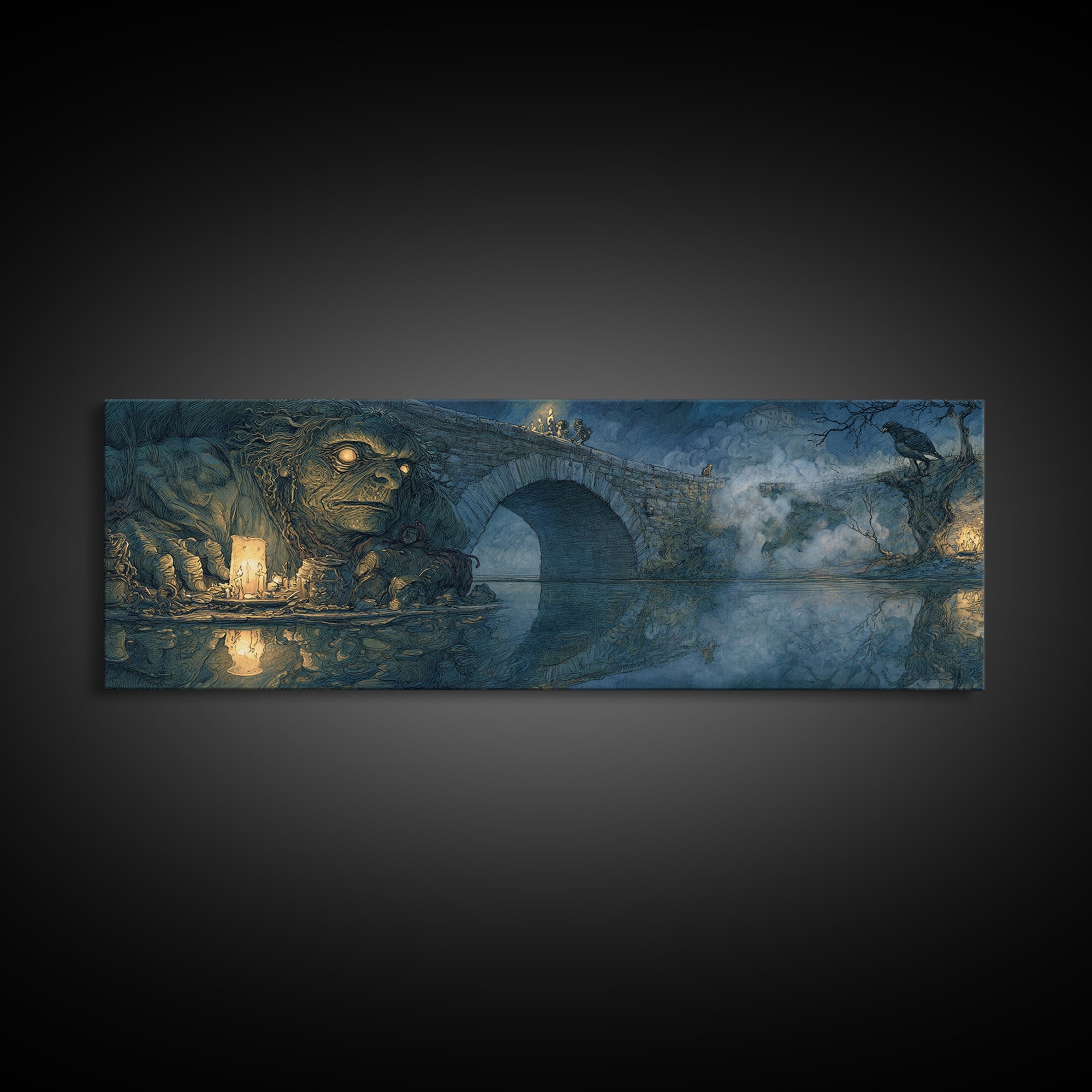 The Bridge Troll At Midnight, Dark Renaissance Art, Extra Wide Wall Art, Macabre Wall Art, Canvas Print, Halloween Wall Art