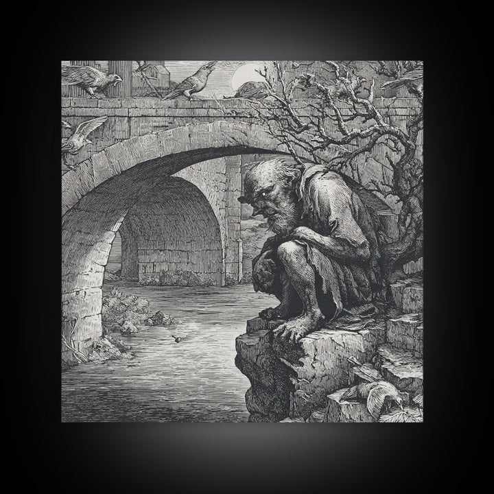 The Bridge Troll At Midnight, Renaissance Engraving Art, Square Wall Art, Gothic Horror Wall Art, Canvas Print, Halloween Wall Art