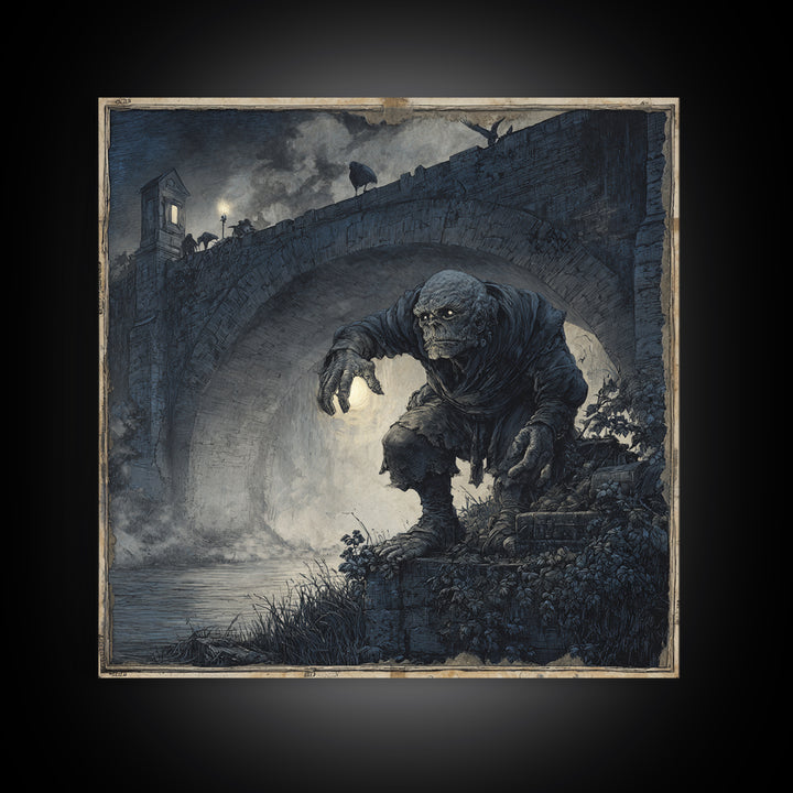 The Bridge Troll At Midnight, Danse Macabre Art, Square Wall Art, Macabre Wall Art, Framed Canvas Print, Halloween Decor