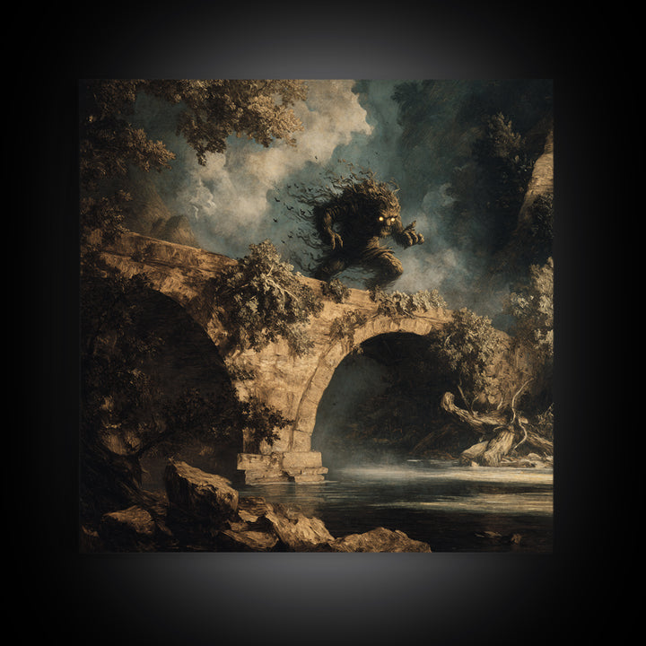 The Bridge Troll At Midnight, Baroque Witchcraft Art, Square Wall Art, Macabre Wall Art, Framed Canvas Print, Halloween Wall Art
