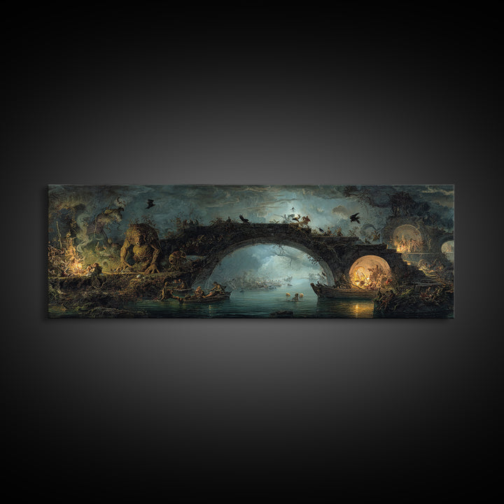 The Bridge Troll At Midnight, Gothic Nightmare Art, Extra Wide Wall Art, Dark Fantasy Wall Art, Canvas Print, Halloween Wall Art