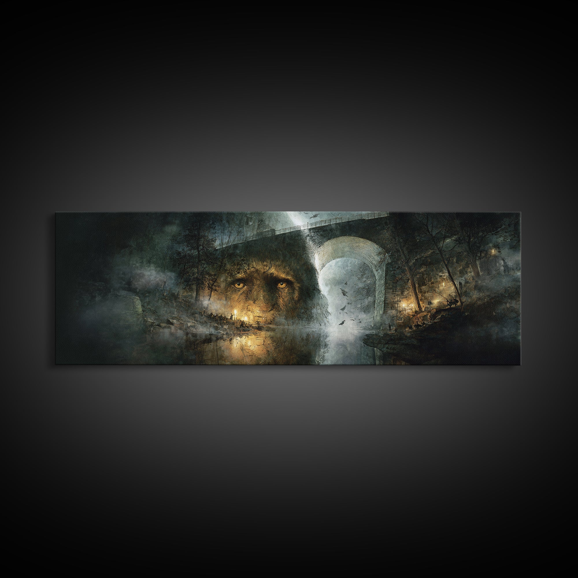 The Bridge Troll At Midnight, Visionary Gothic Art, Extra Wide Wall Art, Dark Halloween Decor, Framed Canvas Print, Halloween Wall Art