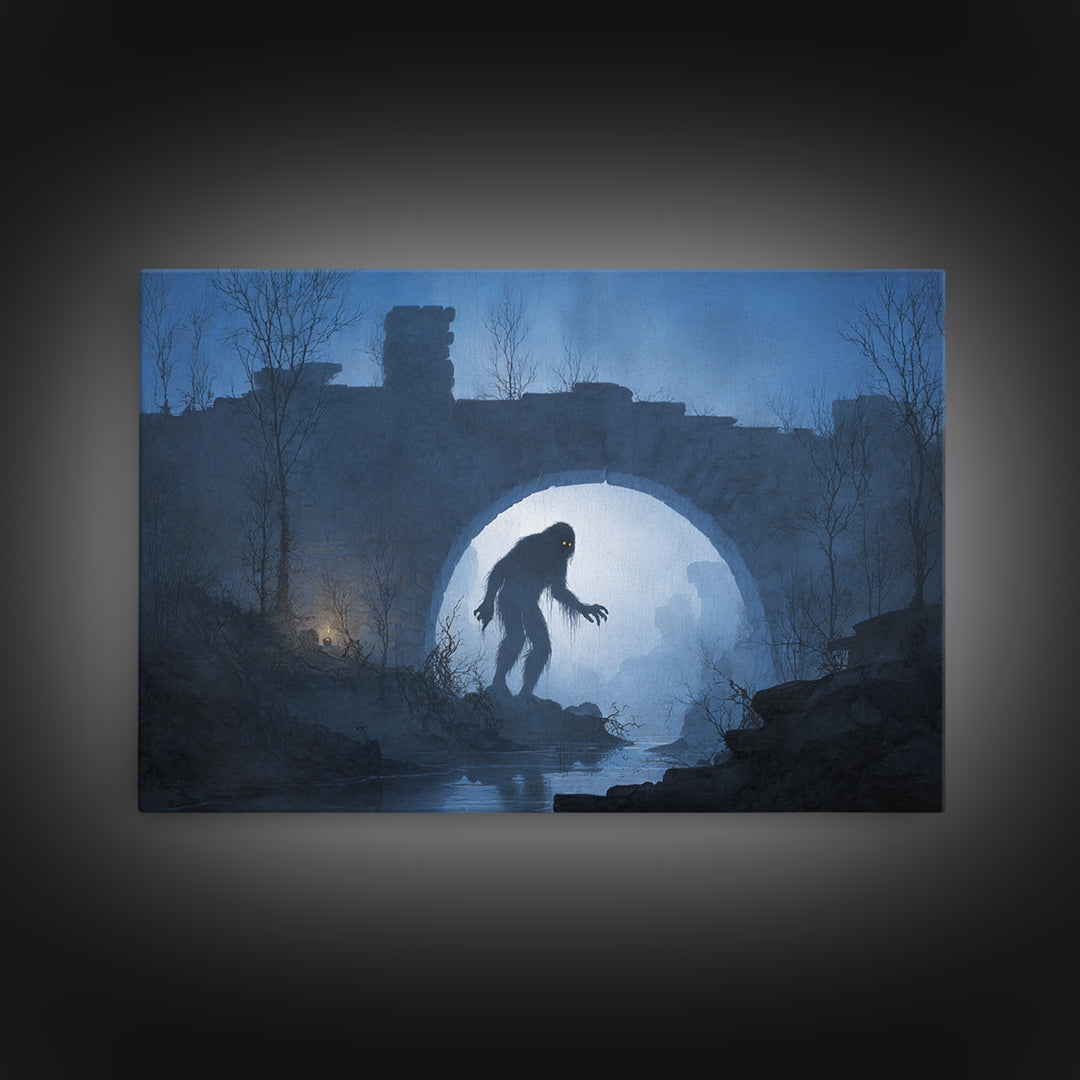 The Bridge Troll At Midnight, Romantic Gothic Landscape, Landscape Wall Art, Macabre Wall Art, Canvas Print, Halloween Wall Art