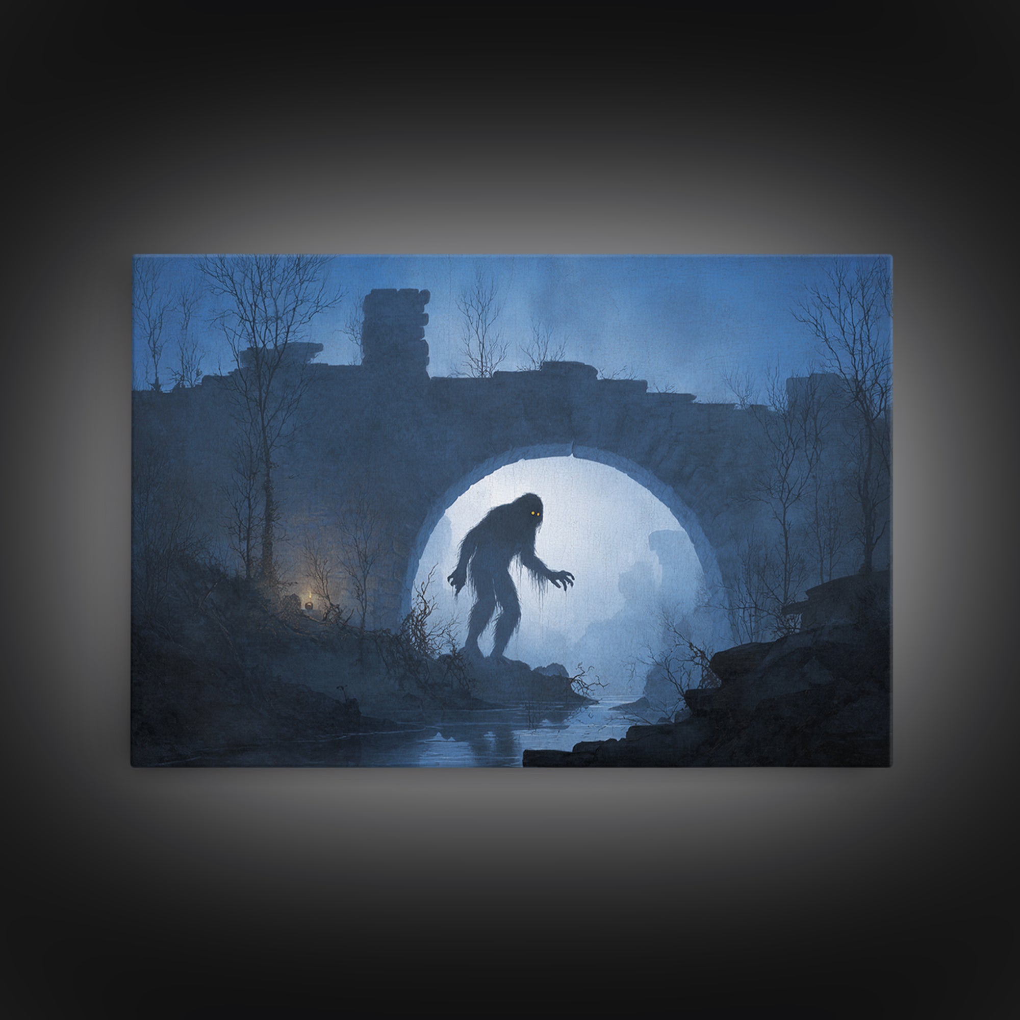 The Bridge Troll At Midnight, Romantic Gothic Landscape, Landscape Wall Art, Macabre Wall Art, Canvas Print, Halloween Wall Art