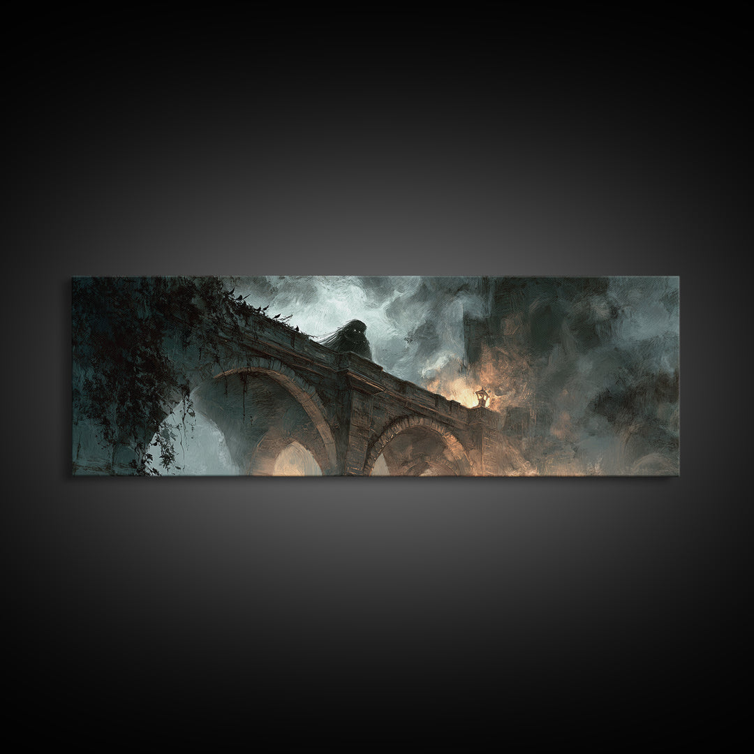 The Bridge Troll At Midnight, Apocalyptic Romantic Art, Extra Wide Wall Art, Dark Halloween Decor, Canvas Print, Halloween Wall Art