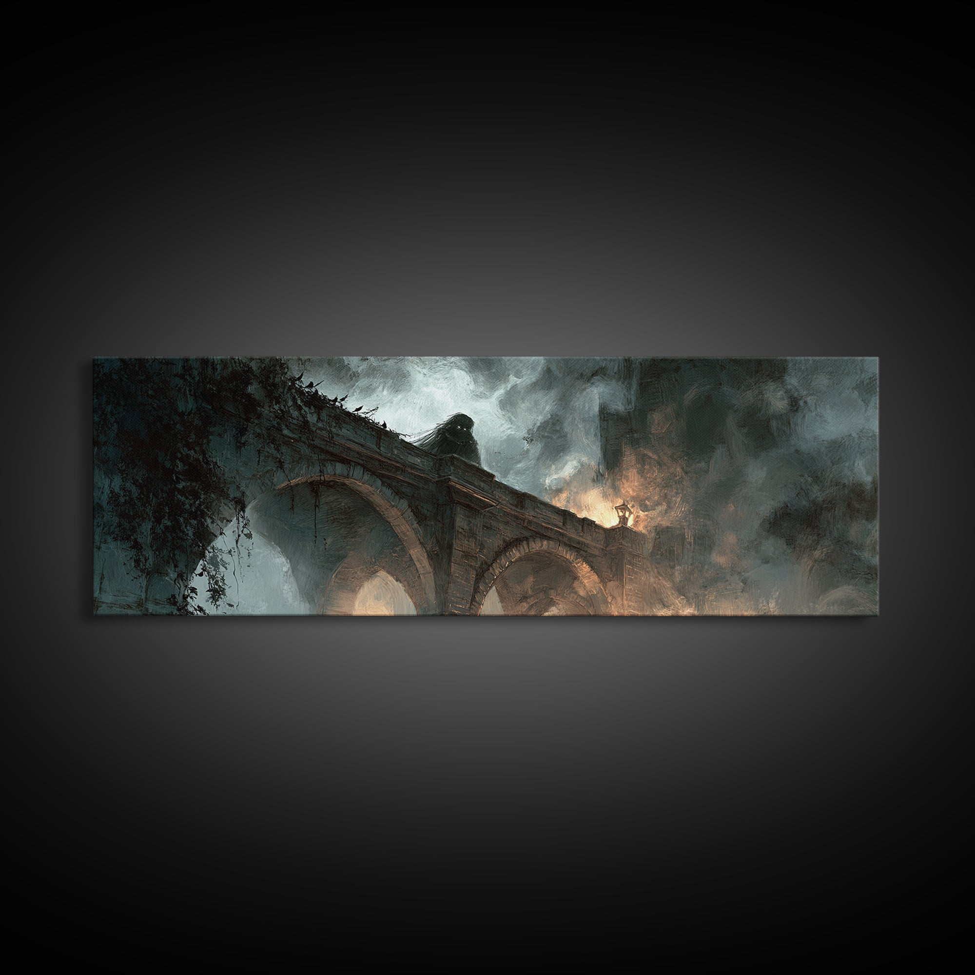 The Bridge Troll At Midnight, Apocalyptic Romantic Art, Extra Wide Wall Art, Dark Halloween Decor, Canvas Print, Halloween Wall Art