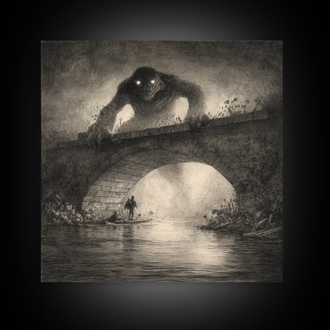 The Bridge Troll At Midnight, Symbolist Dream Art, Square Wall Art, Gothic Horror Wall Art, Framed Canvas Print, Halloween Wall Art