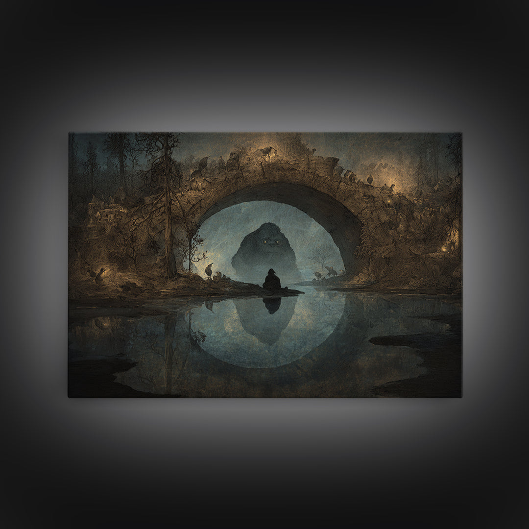 The Bridge Troll At Midnight, Symbolist Gothic Landscape, Landscape Wall Art, Dark Halloween Decor, Canvas Print, Halloween Wall Art