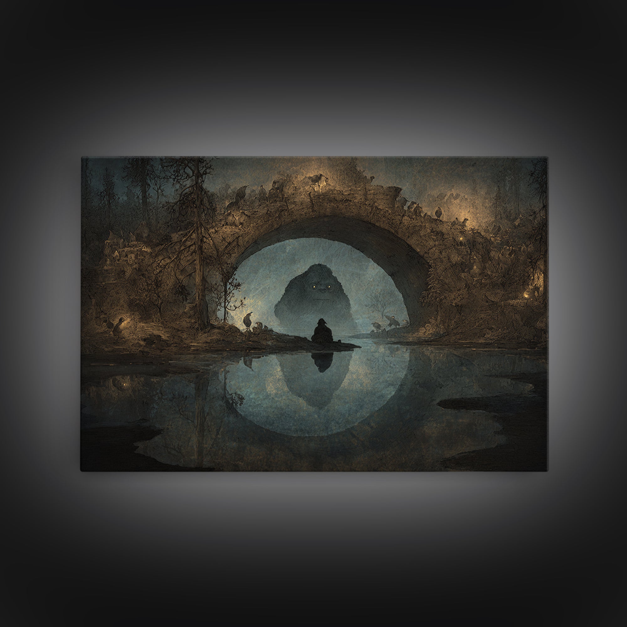 The Bridge Troll At Midnight, Symbolist Gothic Landscape, Landscape Wall Art, Dark Halloween Decor, Canvas Print, Halloween Wall Art