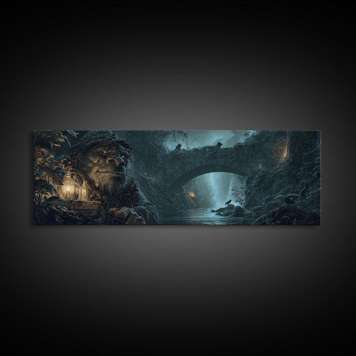 The Bridge Troll At Midnight, Ornate Symbolist Art, Extra Wide Wall Art, Dark Halloween Decor, Framed Canvas Print