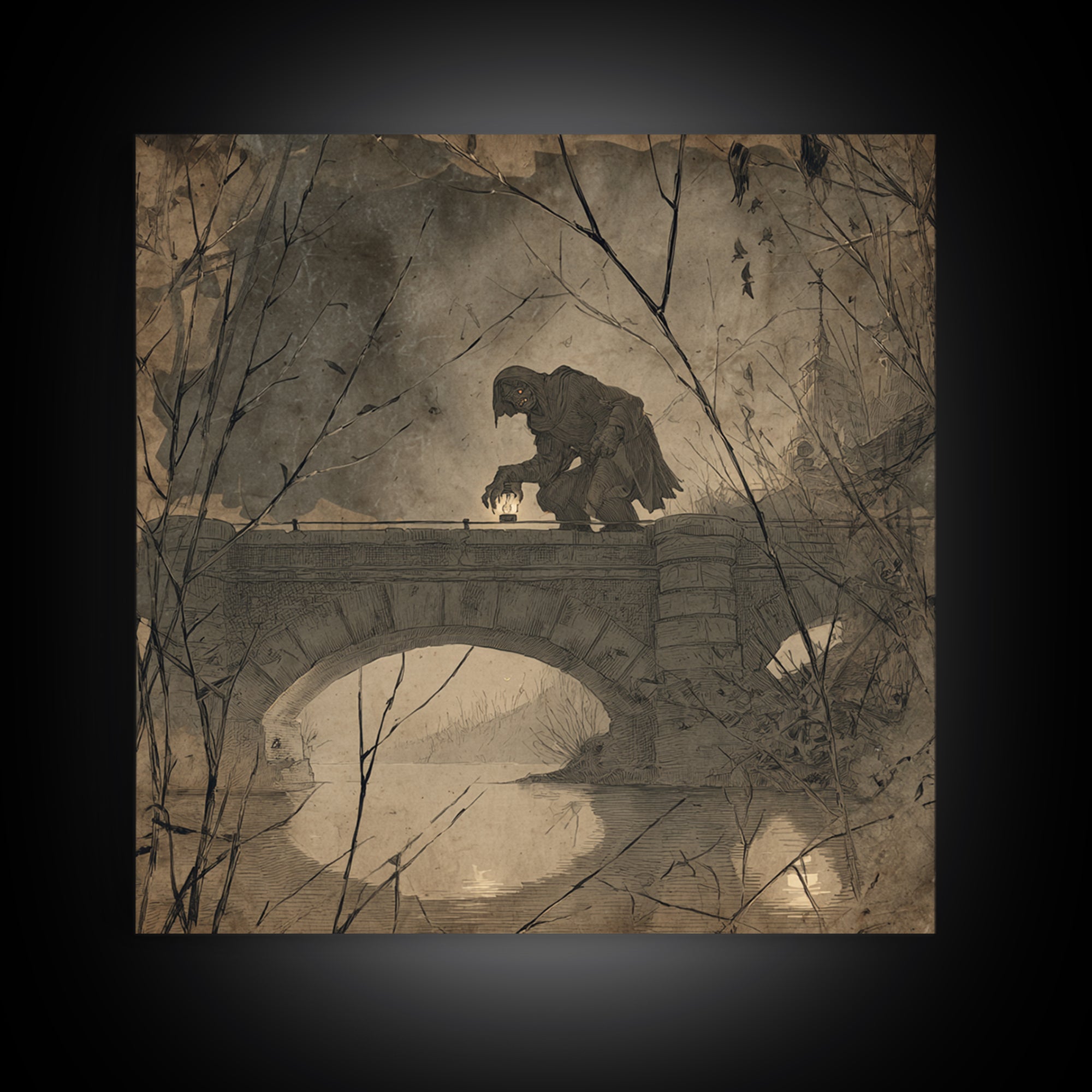 The Bridge Troll At Midnight, Decadent Gothic Art, Square Wall Art, Gothic Horror Wall Art, Canvas Print, Halloween Wall Art