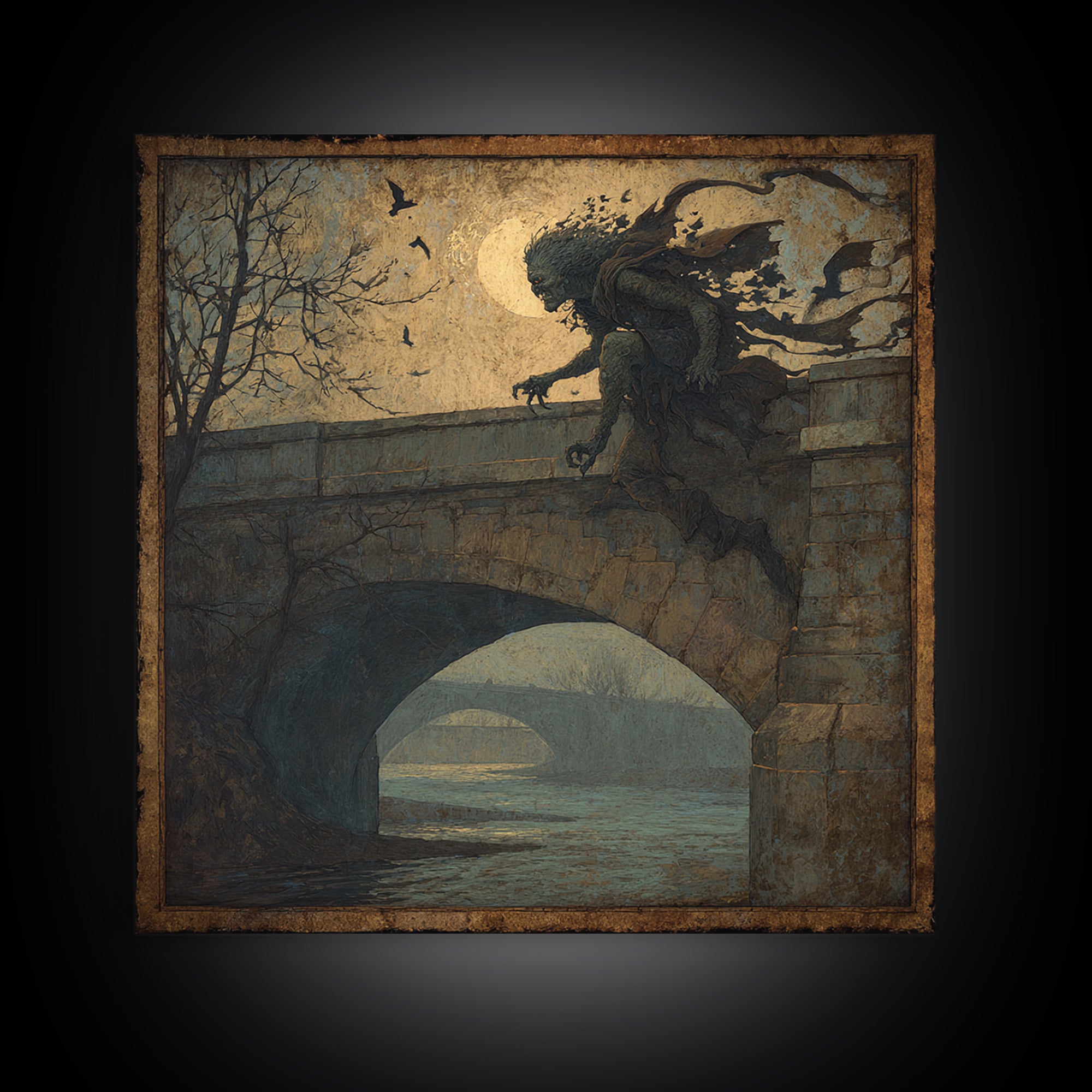 The Bridge Troll At Midnight, Dark Symbolist Art, Square Wall Art, Dark Fantasy Wall Art, Framed Canvas Print, Halloween Wall Art