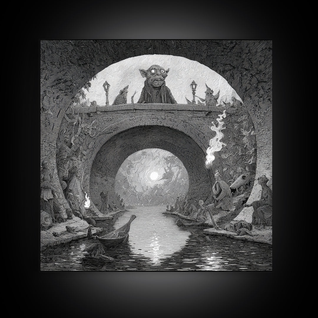 The Bridge Troll At Midnight, Expressionist Nightmare Art, Square Wall Art, Macabre Wall Art, Framed Canvas Print, Halloween Wall Art