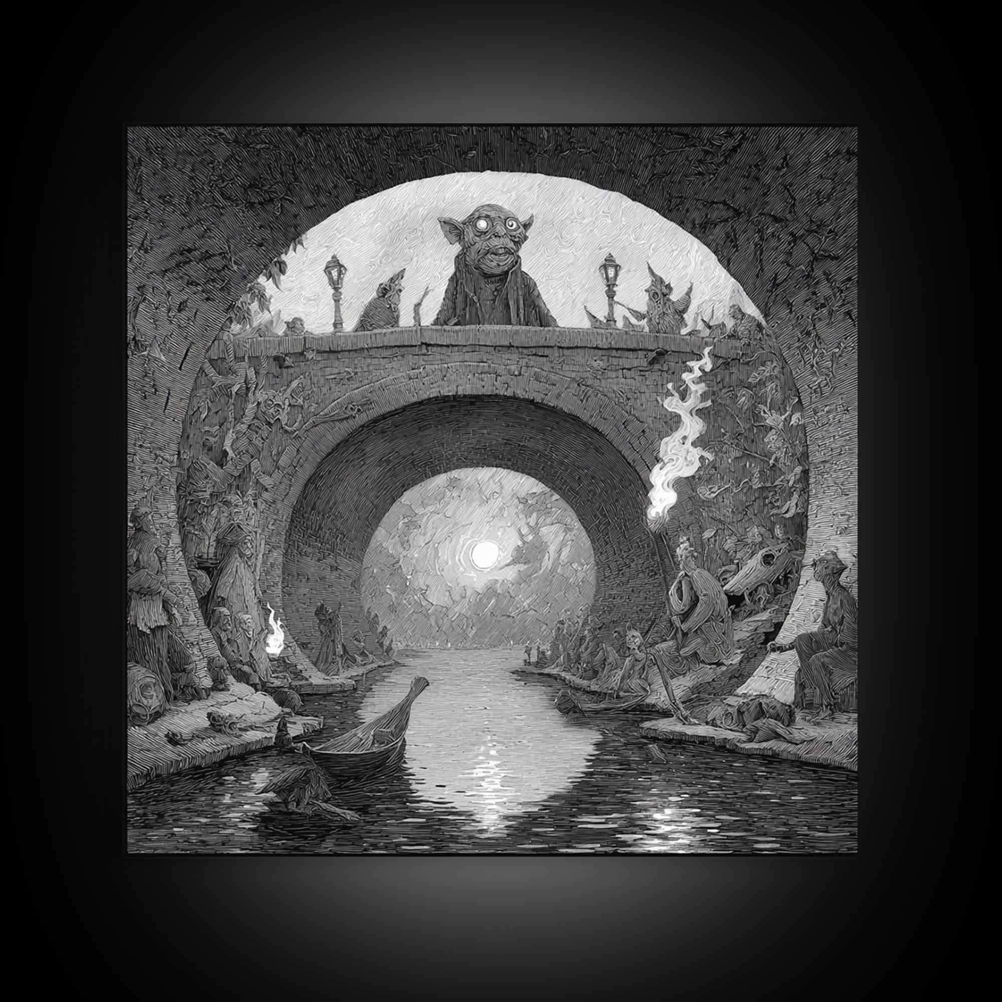 The Bridge Troll At Midnight, Expressionist Nightmare Art, Square Wall Art, Macabre Wall Art, Framed Canvas Print, Halloween Wall Art