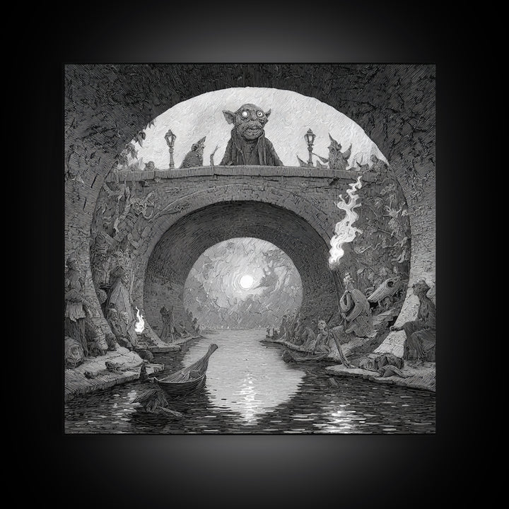 The Bridge Troll At Midnight, Expressionist Nightmare Art, Square Wall Art, Macabre Wall Art, Framed Canvas Print, Halloween Wall Art