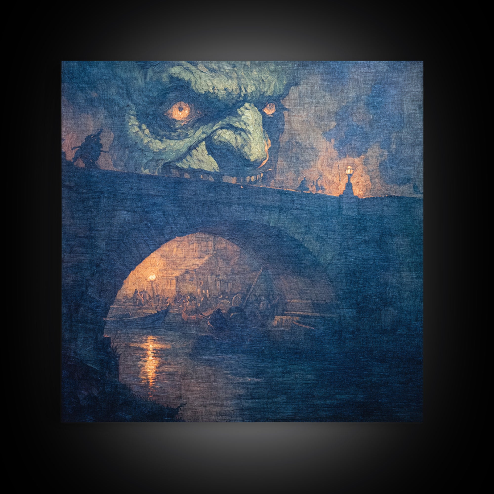 The Bridge Troll At Midnight, Grotesque Carnival Art, Square Wall Art, Dark Halloween Decor, Framed Canvas Print, Halloween Wall Art