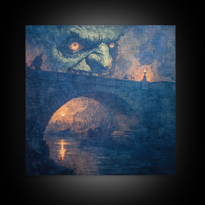 The Bridge Troll At Midnight, Grotesque Carnival Art, Square Wall Art, Dark Halloween Decor, Framed Canvas Print, Halloween Wall Art