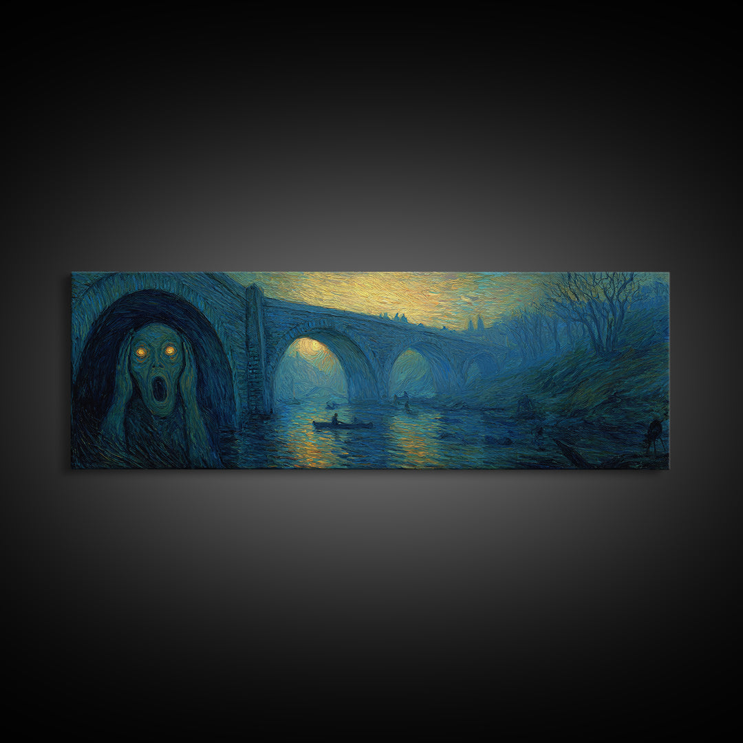 The Bridge Troll At Midnight, Expressionist Gothic Art, Extra Wide Wall Art, Gothic Horror Wall Art, Framed Canvas Print, Spooky Wall Decor