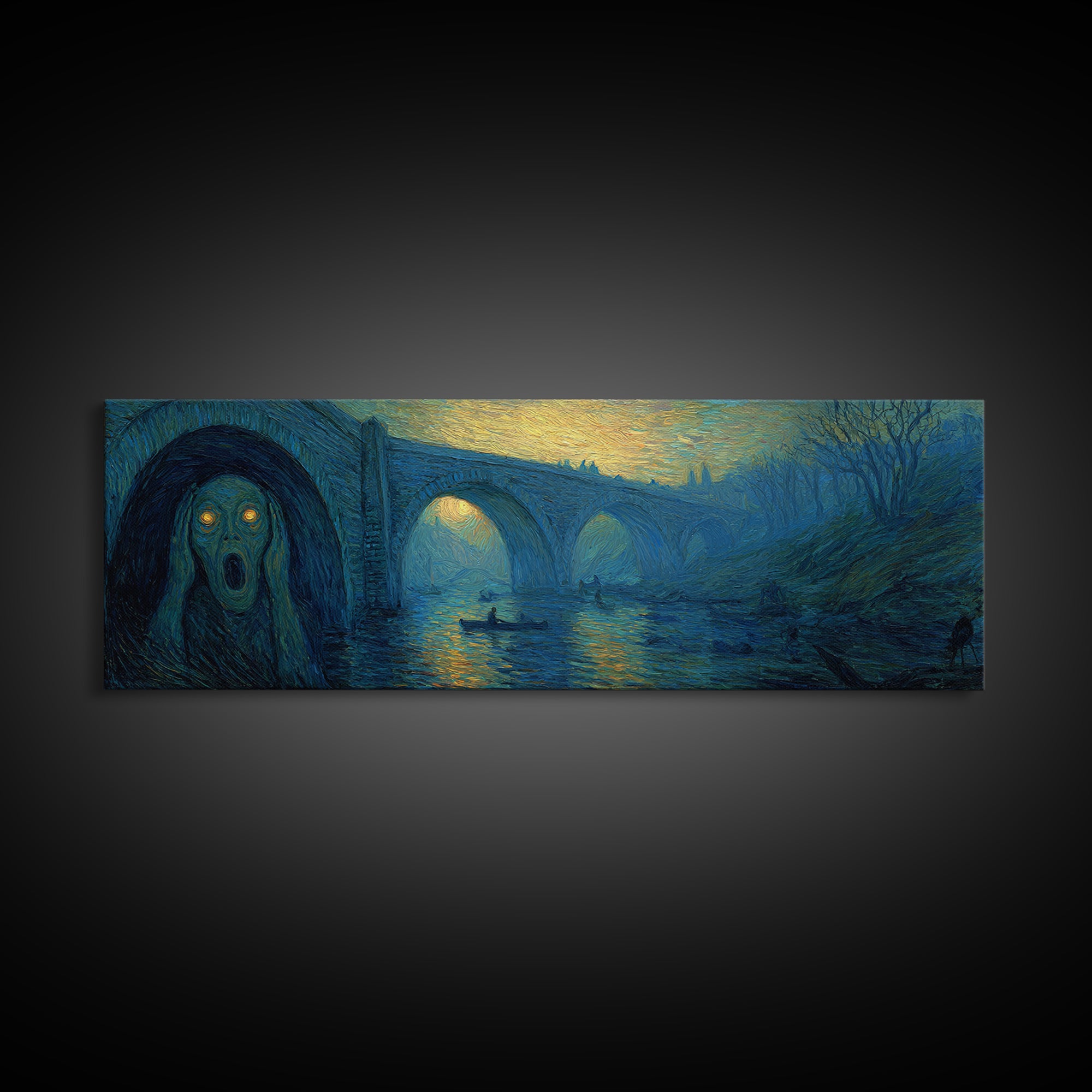 The Bridge Troll At Midnight, Expressionist Gothic Art, Extra Wide Wall Art, Gothic Horror Wall Art, Framed Canvas Print, Spooky Wall Decor
