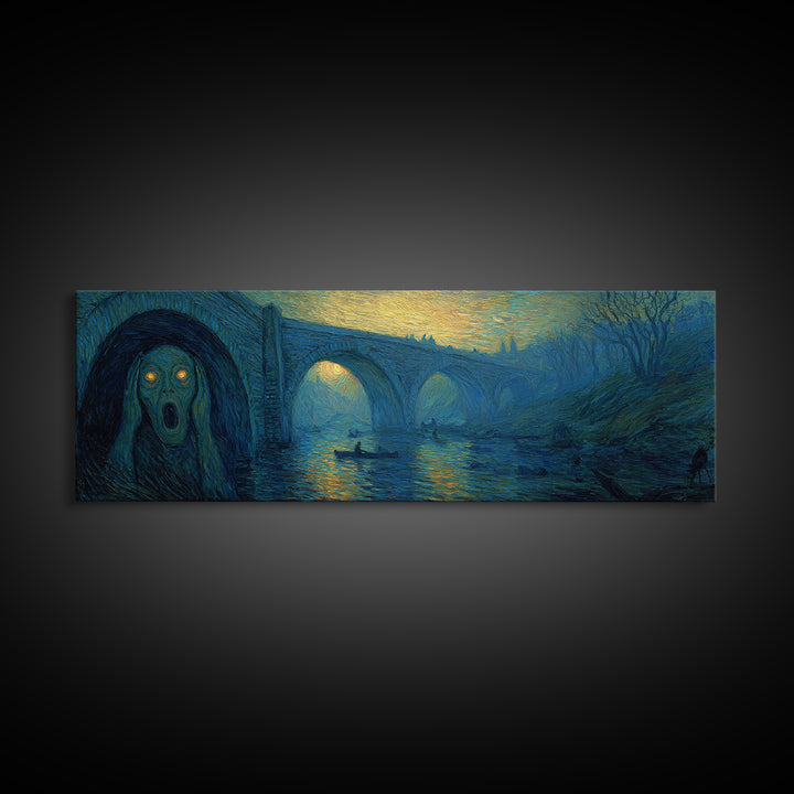The Bridge Troll At Midnight, Expressionist Gothic Art, Extra Wide Wall Art, Gothic Horror Wall Art, Framed Canvas Print, Spooky Wall Decor