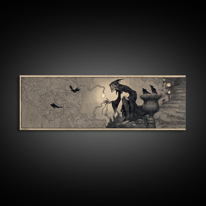 The Bridge Troll At Midnight, Decadent Line Art, Extra Wide Wall Art, Dark Fantasy Wall Art, Canvas Print, Halloween Wall Art