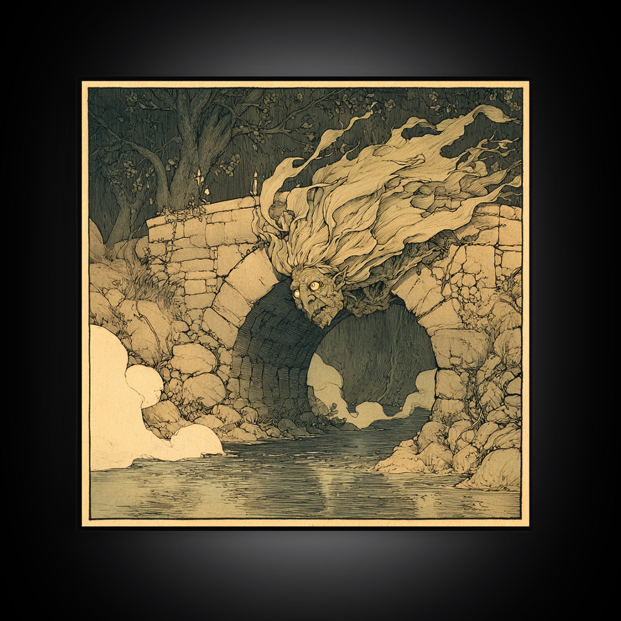 The Bridge Troll At Midnight, Gothic Storybook Art, Square Wall Art, Macabre Wall Art, Framed Canvas Print, Halloween Wall Art