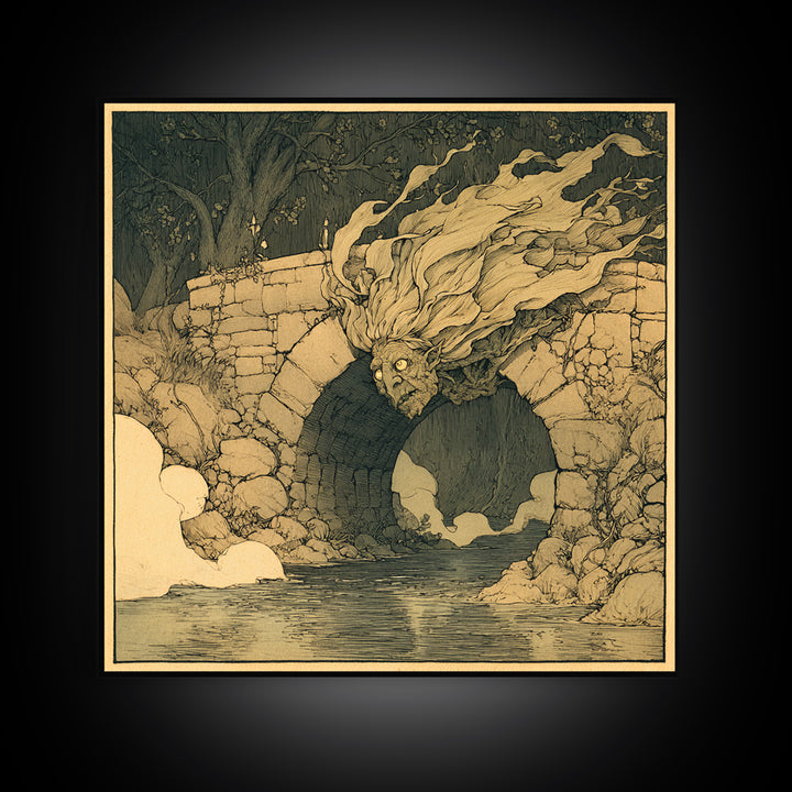 The Bridge Troll At Midnight, Gothic Storybook Art, Square Wall Art, Macabre Wall Art, Framed Canvas Print, Halloween Wall Art