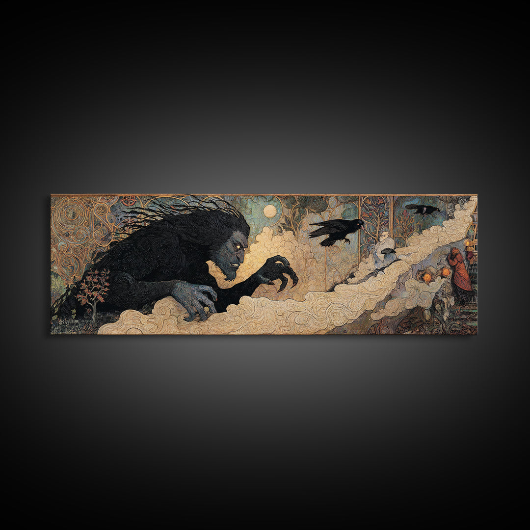 The Bridge Troll At Midnight, Stained Glass Gothic Art, Extra Wide Wall Art, Macabre Wall Art, Canvas Print, Halloween Wall Art
