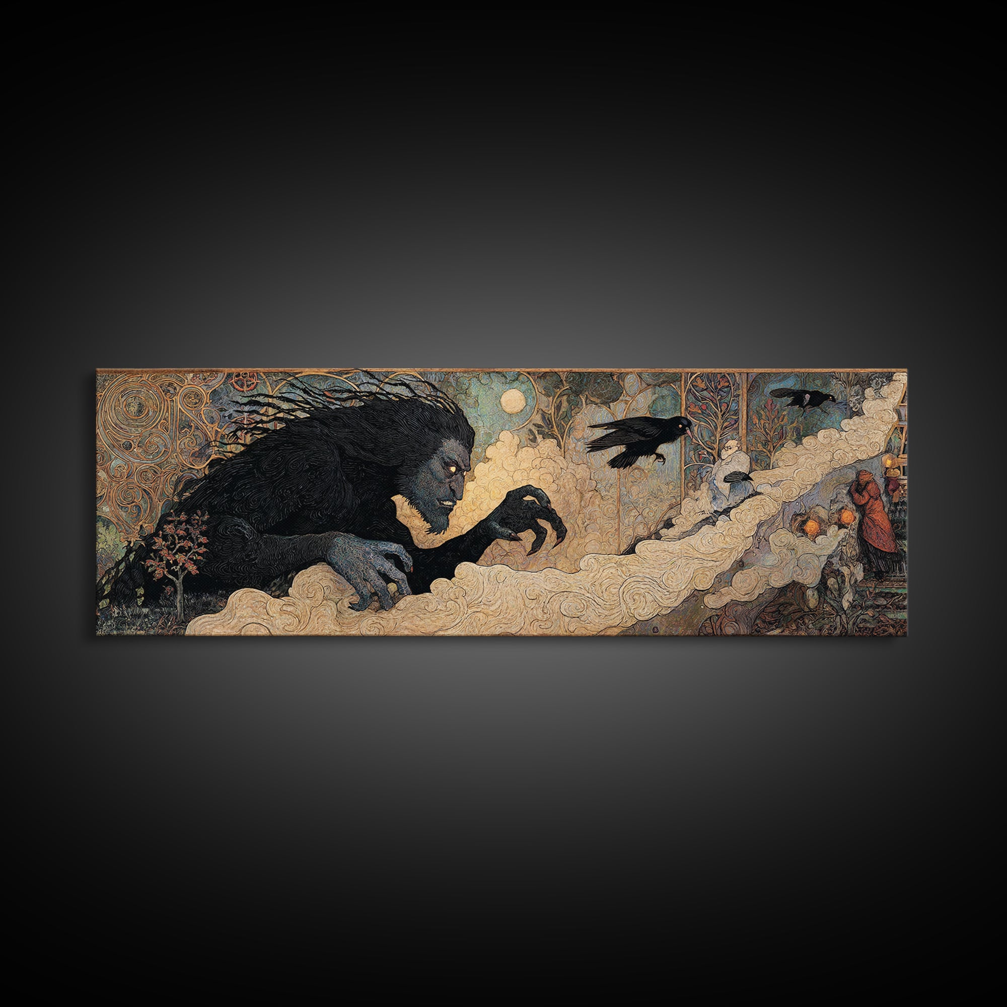The Bridge Troll At Midnight, Stained Glass Gothic Art, Extra Wide Wall Art, Macabre Wall Art, Canvas Print, Halloween Wall Art